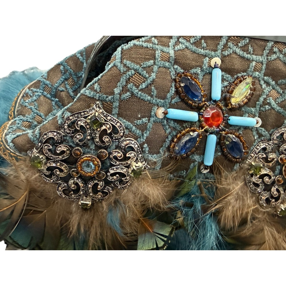 Mary Frances Beaded Feather Fur Evening Clutch Handbag Blue Brown Jeweled Purse - Picture 16 of 16